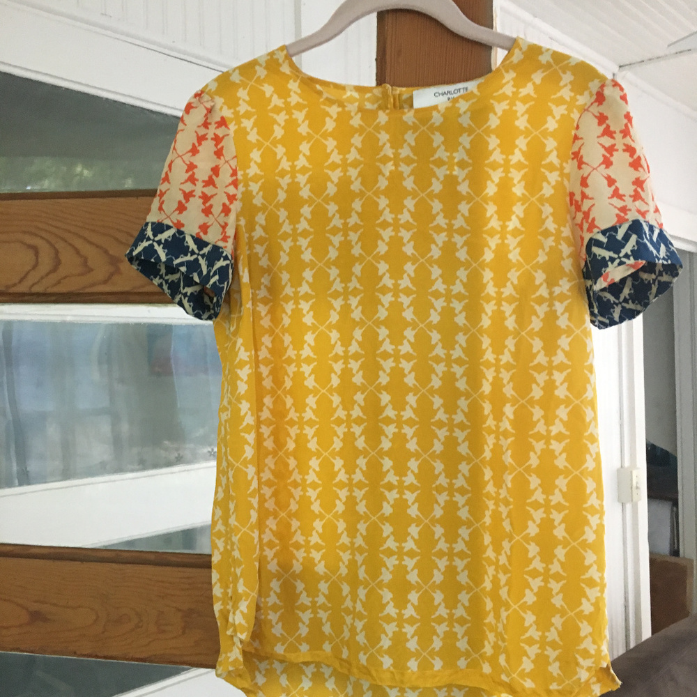 Silk Blouse w/ hummingbird and grasshopper print